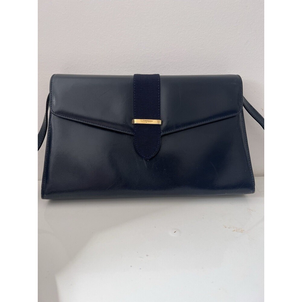 Salvatore Ferragamo Navy Crossbody Clutch Bag Gold Hardware Magnetic Closure